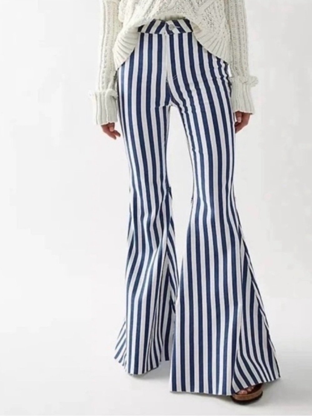 Free People Women’s Navy & White Vertical Stripe Flare Pants NWT
